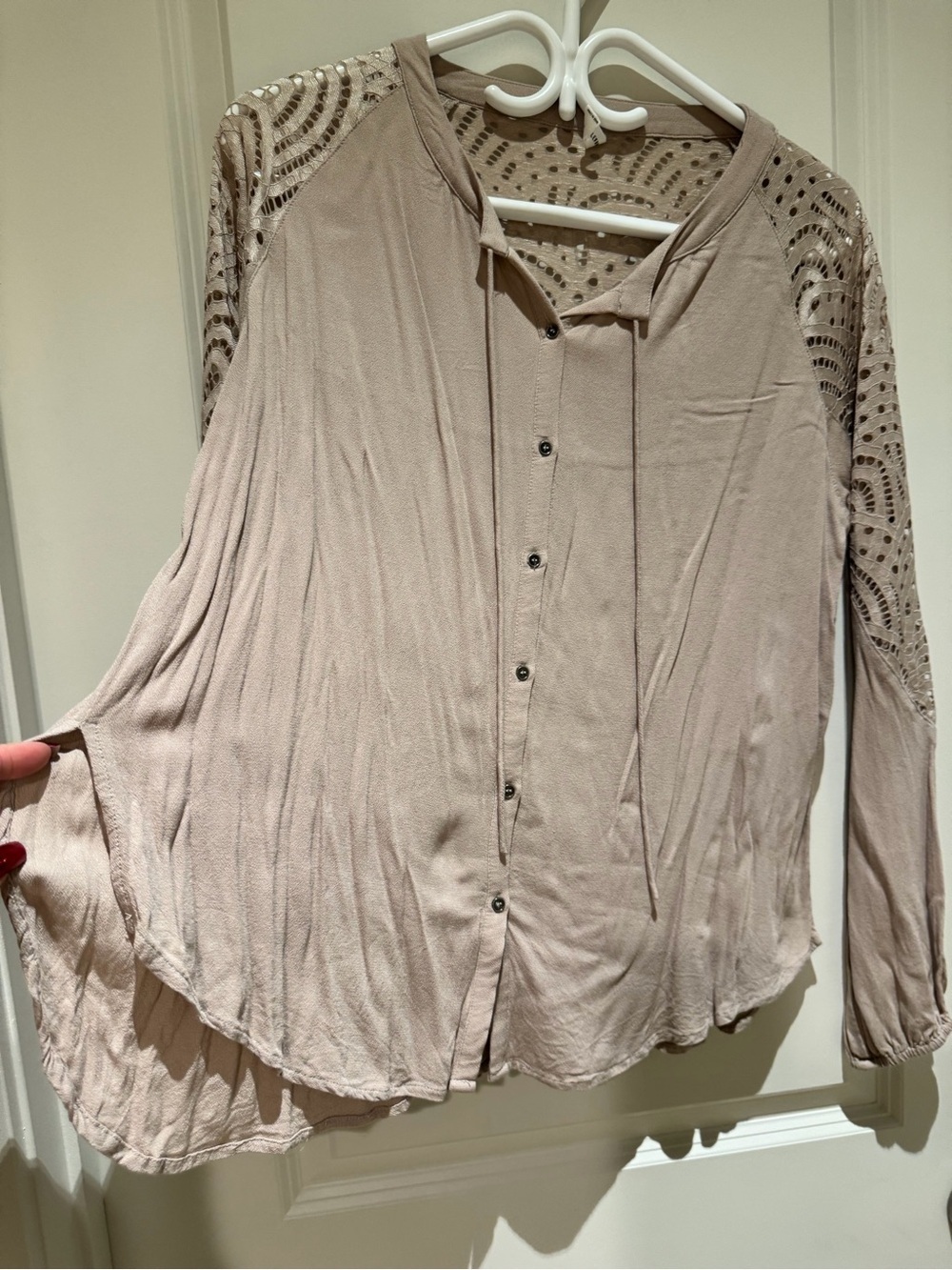 Gentle Fawn Lace-Detail Taupe Button-Down Blouse